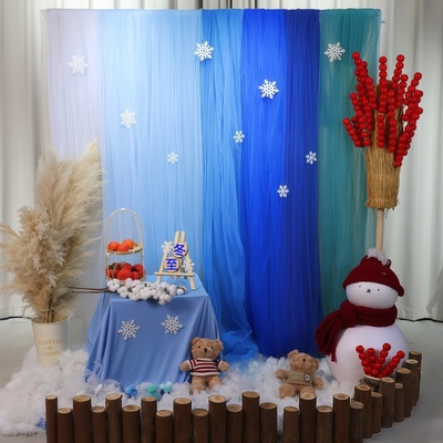 蓝色系纱幔网纱布料幼儿园冬季主题环创立冬冬至自然角美工区装饰