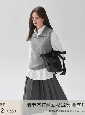 PLANITES100%羊毛马甲女知识分子慵懒风无袖针织背心格雷系上衣