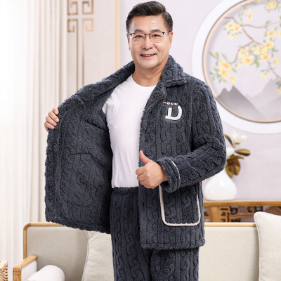 全棉纯棉睡衣男士秋冬季加厚加绒珊瑚绒中老年人保暖爸爸家居服