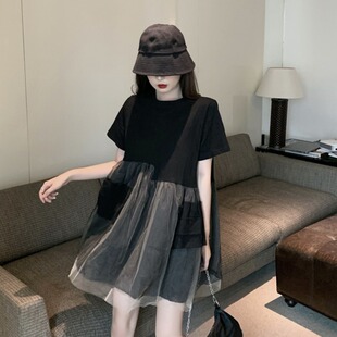 2026新款连衣裙夏季不规则娃娃衫上衣蕾丝网纱短袖T恤裙子女夏天