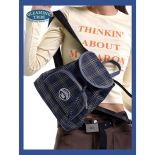 拾遗部落HOME原创小众复古蓝色格纹经典百搭通勤学生大容量双肩包