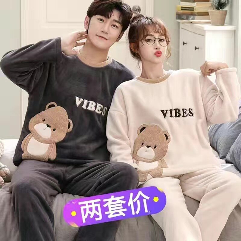 法兰绒睡衣冬季情侣加绒加厚女大码套头宽松珊瑚绒家居服男士套装