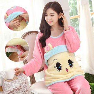 加厚珊瑚绒怀孕产妇喂奶坐月子服产后哺乳孕妇睡衣长袖套装秋冬季