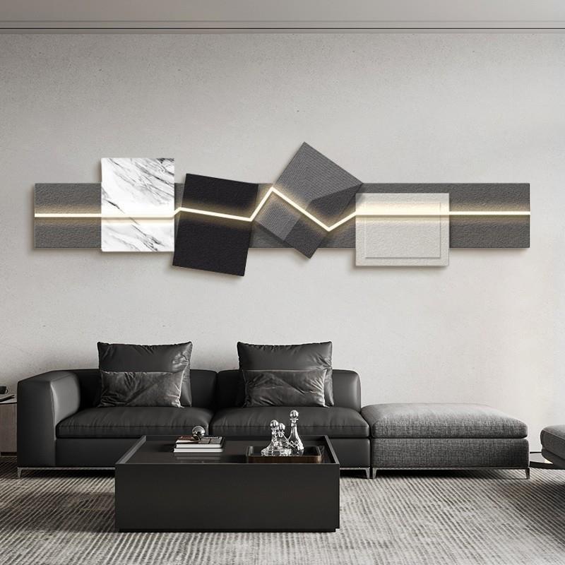 几何卧室方形沙发背景墙挂画带灯抽象画客厅装饰画侘寂风床头壁画