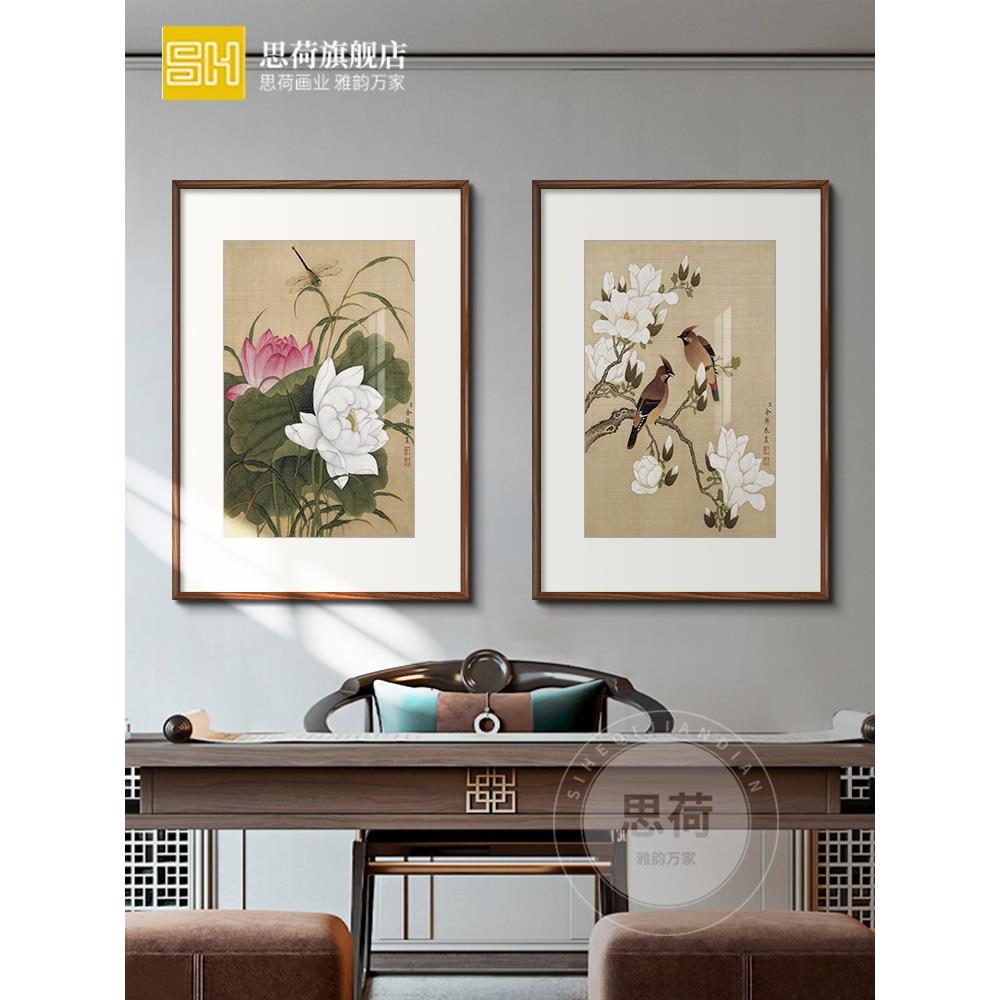 网红新中式花鸟国画客厅玄关荷花装饰画沙发背景墙面壁画餐厅竖版图片