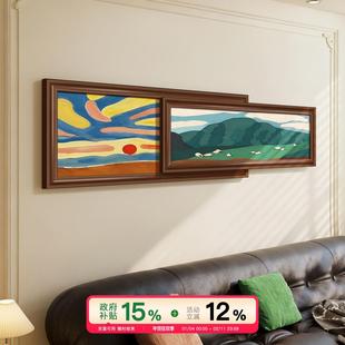 中古风绿色系背有靠山挂画客厅沙发背景墙装饰画法式复古风景壁画