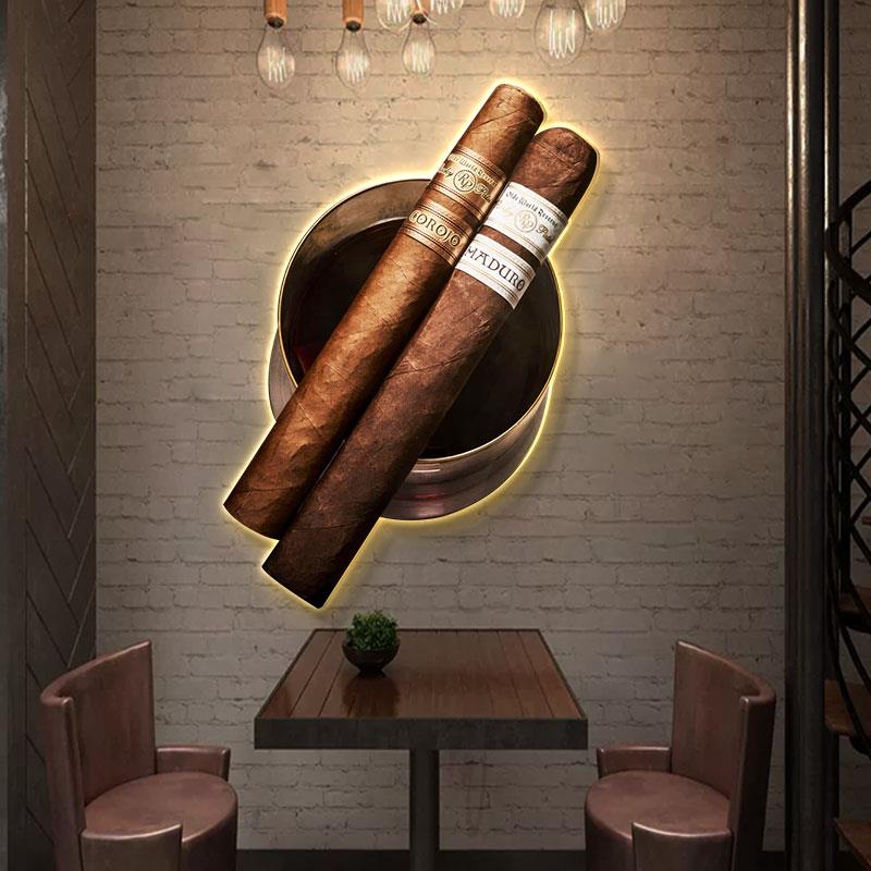 威士忌雪茄挂画雪茄吧酒吧发光灯画复古工业风led烟酒店装饰画