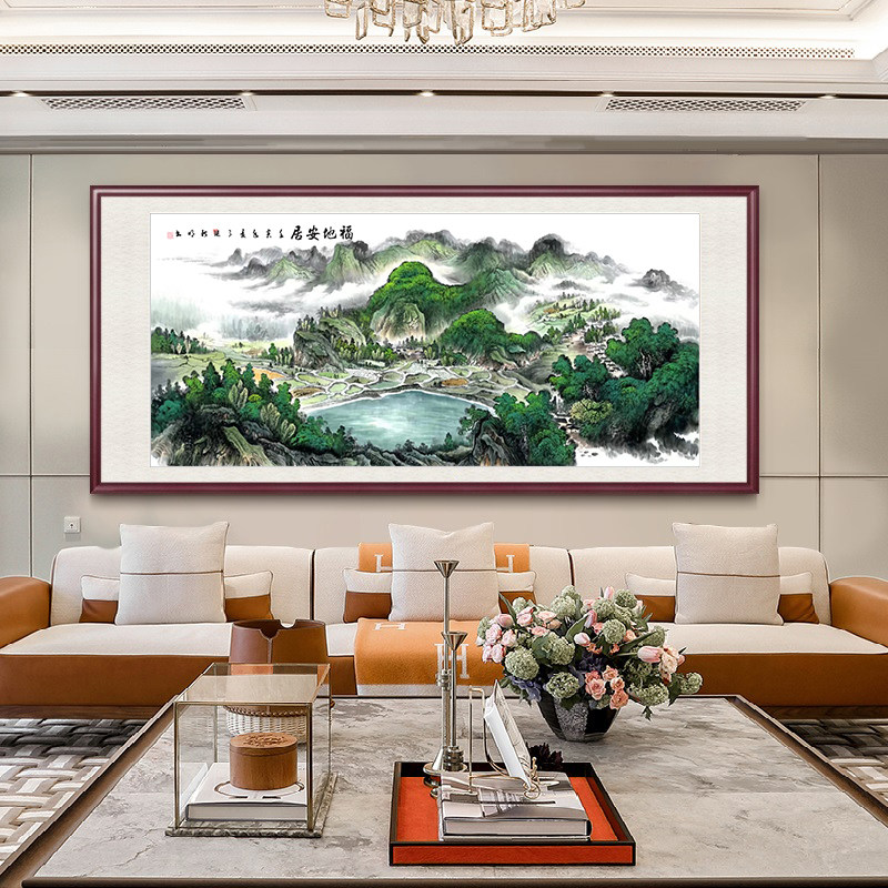 新款福地安居青山绿水聚宝盆山水画八方聚财国画客厅装饰画办公室