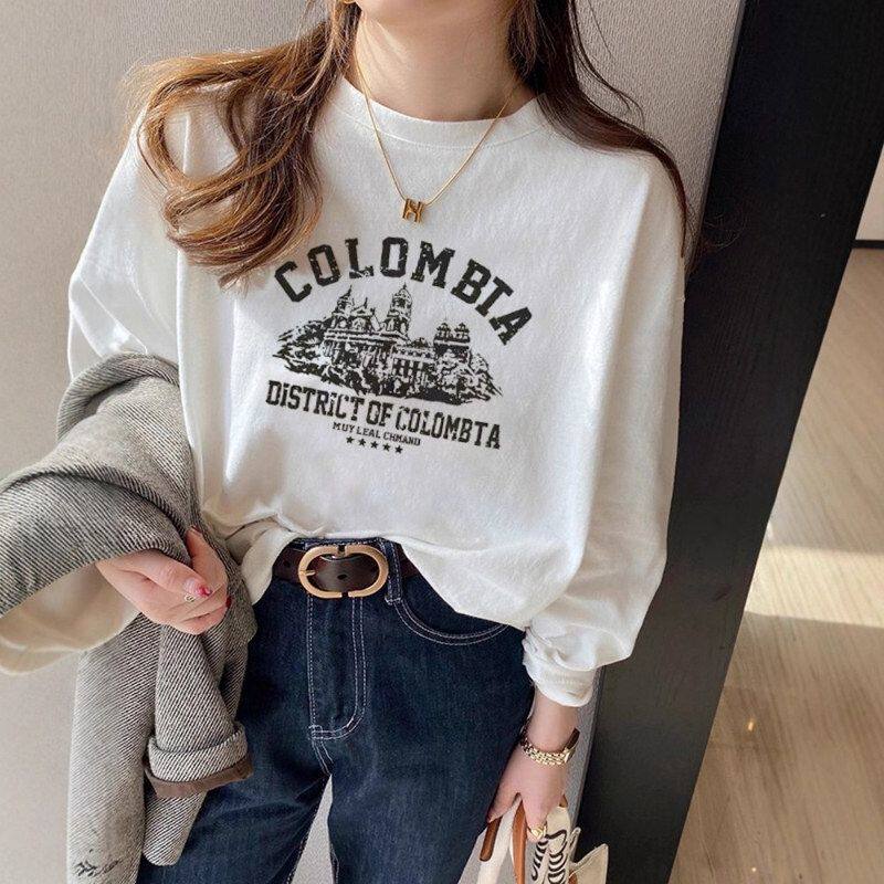 2025早春服装秋冬纯棉白色长袖t恤女式内搭衬衫宽松修身上衣外搭