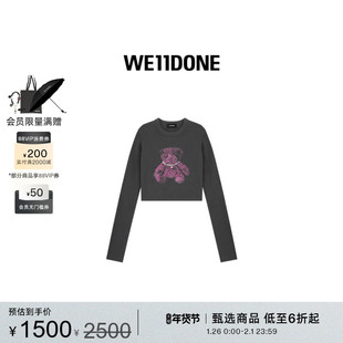 WE11DONE女士铆钉小熊长袖T恤修身复古时尚印花上衣