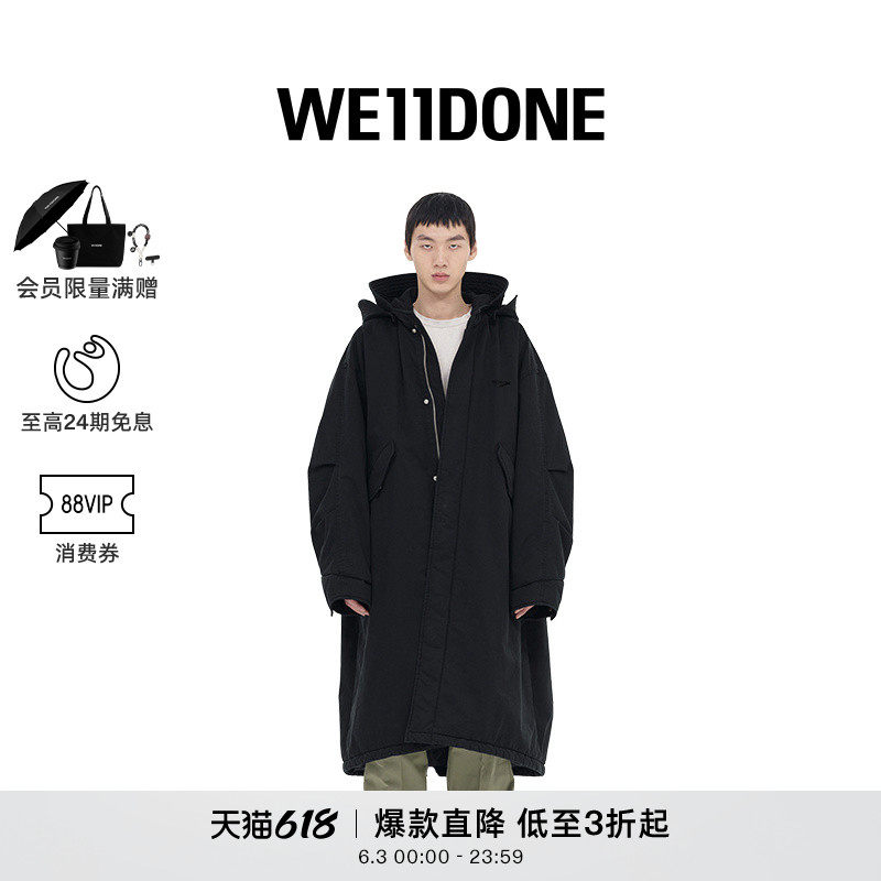 【明星同款】WE11DONE男士长款徽标刺绣兜帽大衣外套