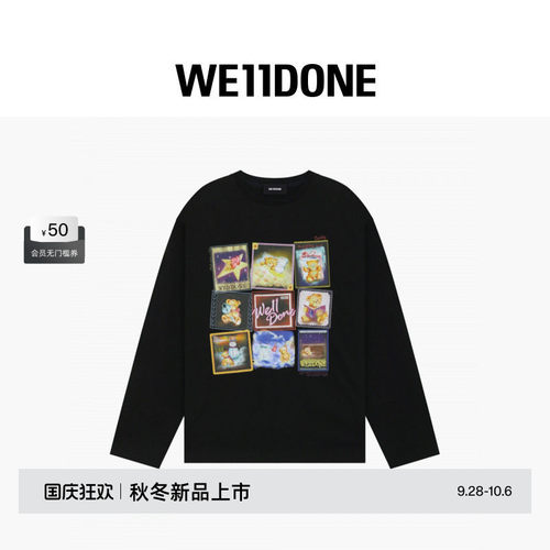 WE11DONE26秋冬新品男女同款邮票元素泰迪小熊长袖T恤潮流时尚