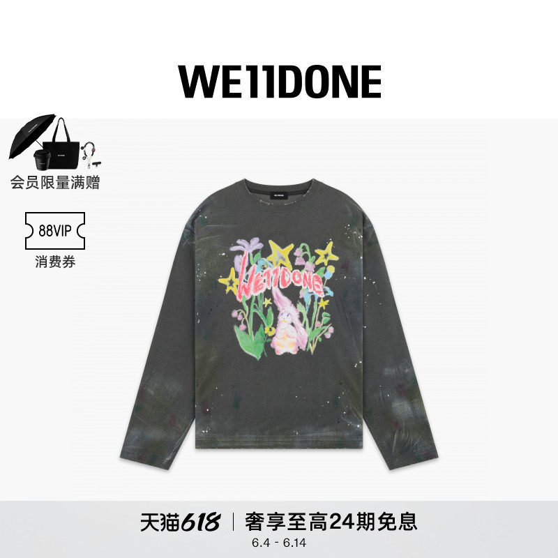 【明星同款】WE11DONE25秋冬男女同款彩绘兔子T恤做旧潮流图案