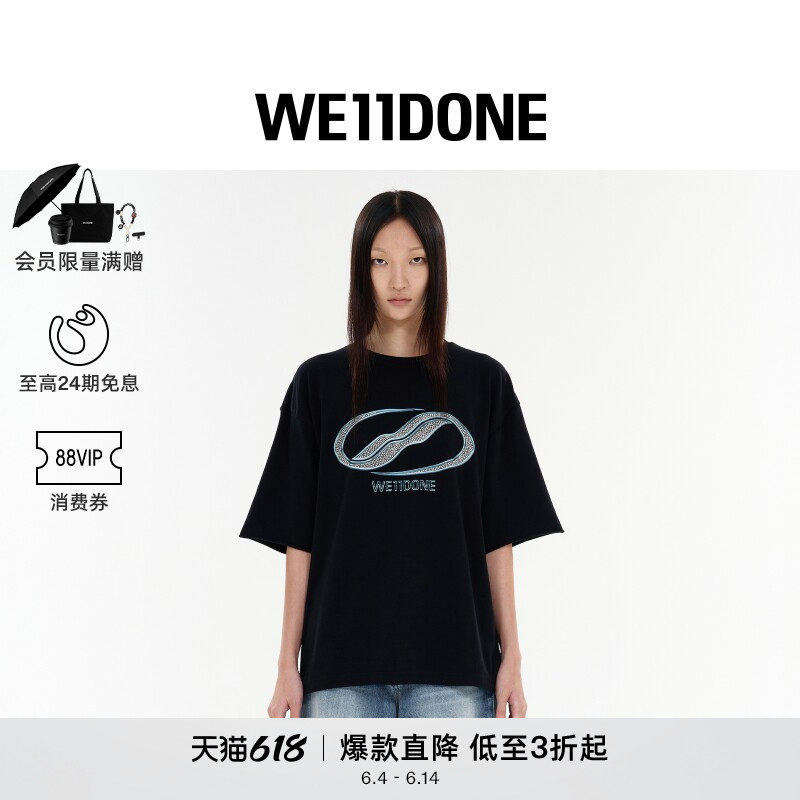 WE11DONE男女同款基础款水洗T恤水晶装饰logo短袖上衣