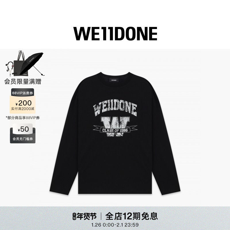 【明星同款】WE11DONE25早秋中性男女同款学院风圆领长袖T恤