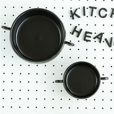 日式家用黑色陶瓷碗双耳带手柄吃米饭汤碗甜品蒸蛋酸奶碗单个餐具