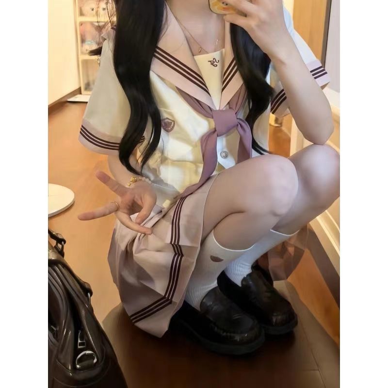 学院风甜美可爱软妹JK制服水手服海军领粉色蝴蝶结上衣百褶裙