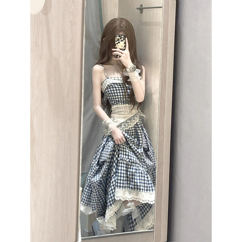 学院风法式甜美蓝格子吊带连衣裙连衣裙