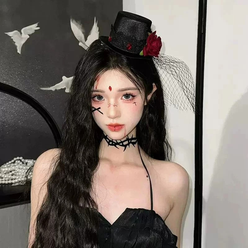 万圣节玫瑰蕾丝头纱小礼帽网红侧边夹哥特cos拍照洛丽塔新娘边夹