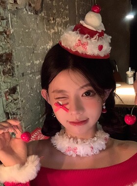 红色丝绒樱桃小蛋糕~原创发夹小礼帽圣诞节日装饰品生日拍照道具