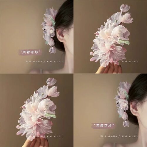纯欲粉绢纱花朵发夹宫廷风汉服