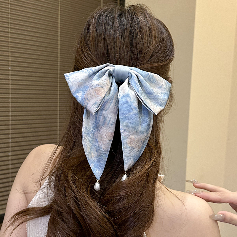 新中式油画星空扎染蝴蝶结马尾抓夹新款高级感挂珠飘带后脑勺发夹