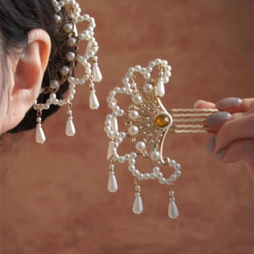 新中式珍珠发簪女复古国风流苏发钗汉服明制插梳掩鬓发饰