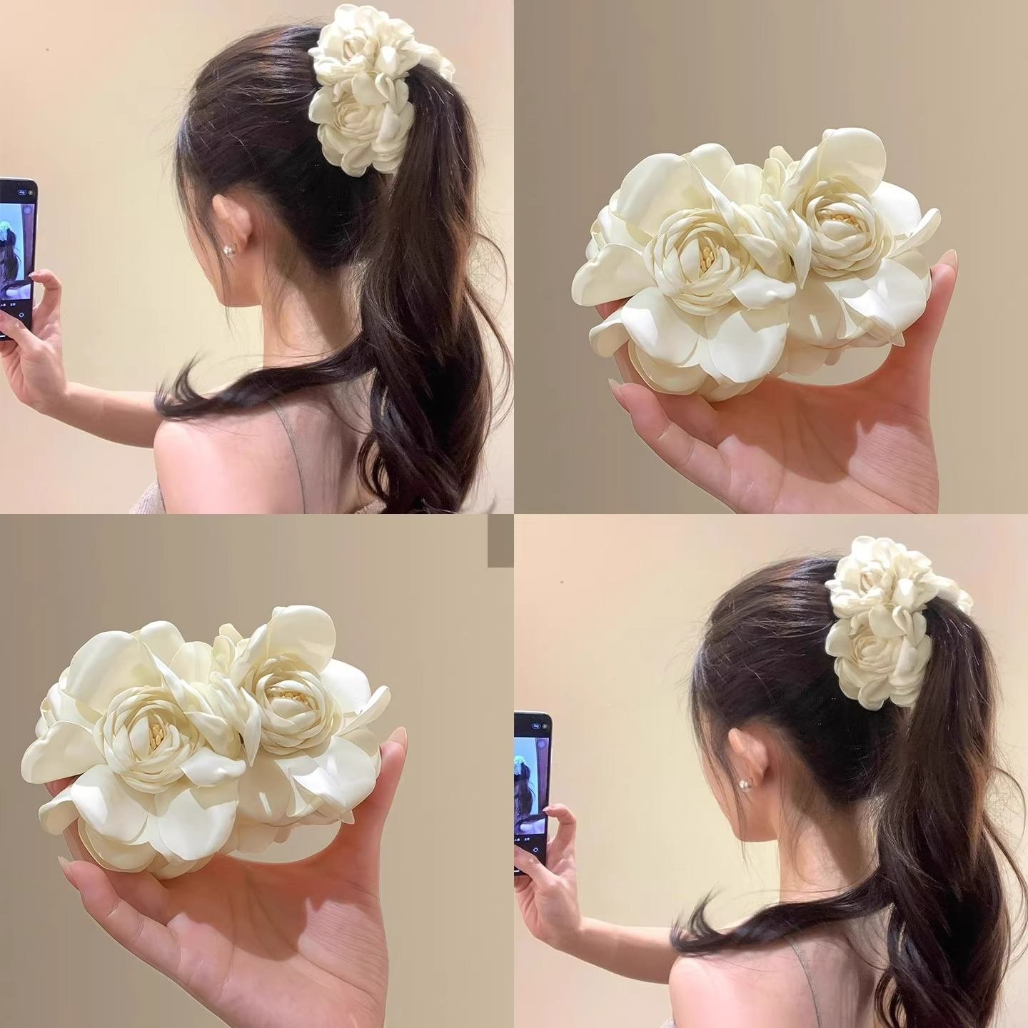 矜香山茶！超仙米白花朵香蕉夹！氛围感后脑勺马尾夹头饰旅行发卡,饰品/流行首饰/时尚饰品新,发饰,淘宝优惠券,粉丝福利购,淘宝优惠卷