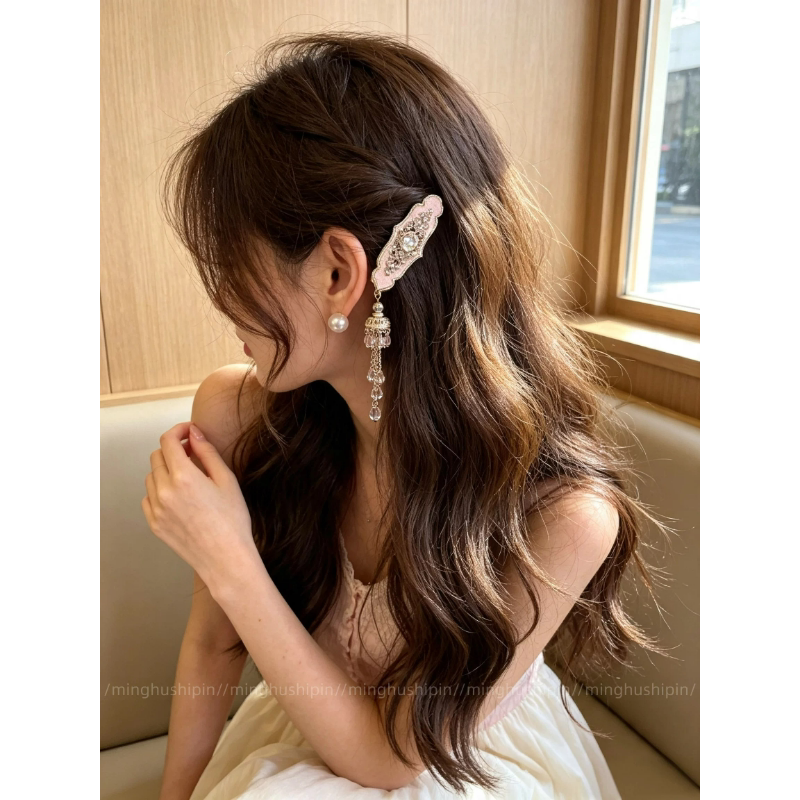 新中式粉色闪钻铃铛流苏发夹女民族风侧边夹子复古高级感精致发饰