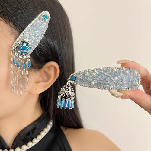 宝石蓝色治愈系闪钻珍珠流苏发夹女精致气质手工水滴浮雕边夹发卡