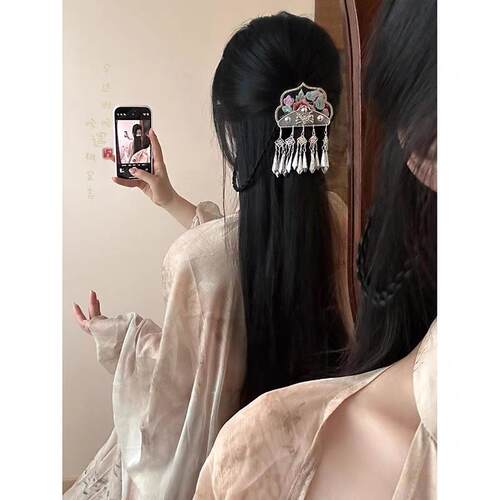 苗疆少女新中式刺绣流苏压发夹女士后发夹古风民族风侧边夹发饰品