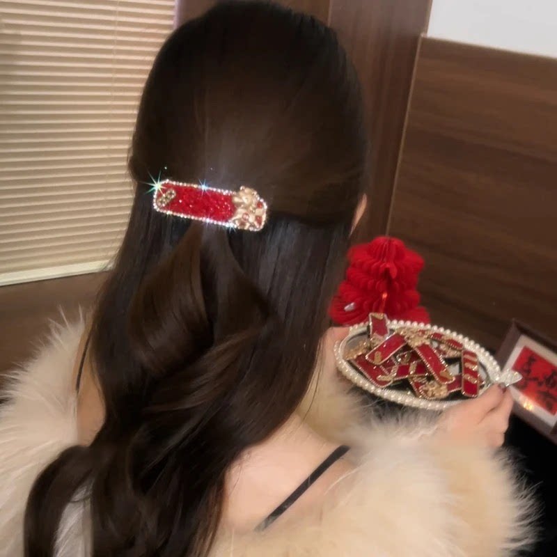 新款轻奢红色水钻小马发夹新年本命年高级感侧边夹个性头饰发饰女