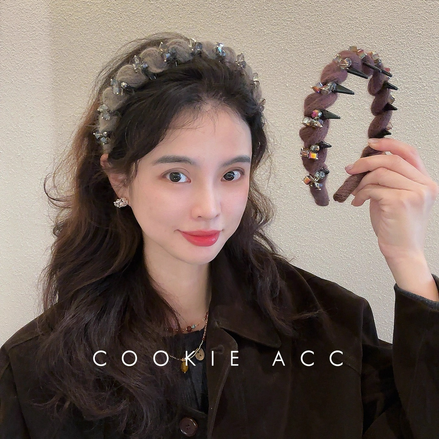 cookie饰品韩国秋冬黑色卡其色毛线发箍2025新款高端带齿防滑舒适