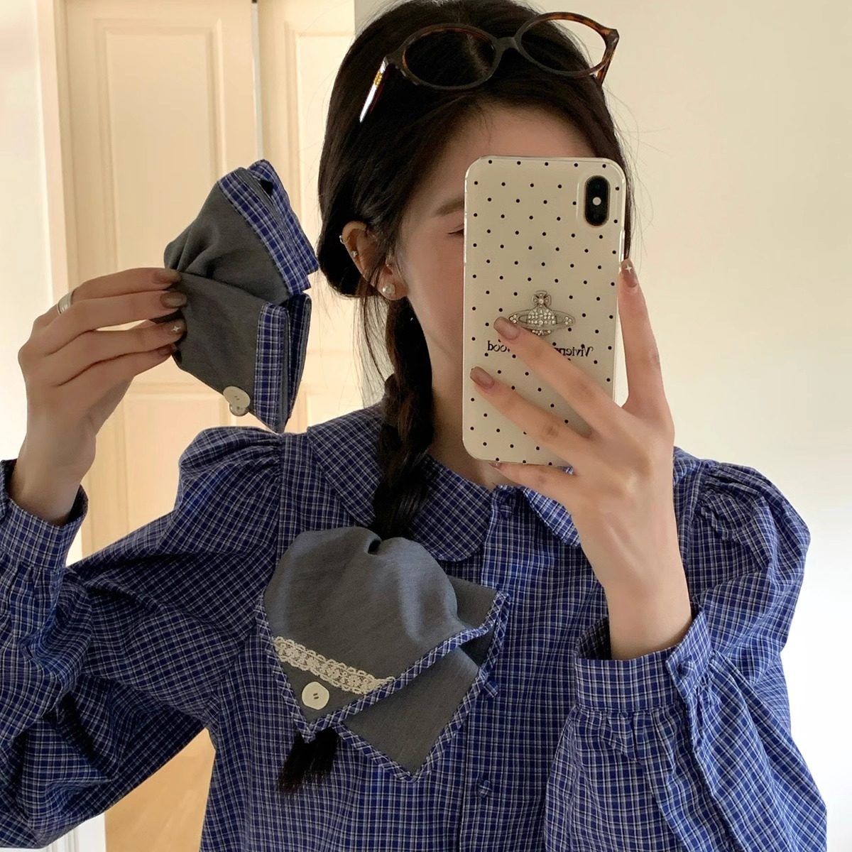 韩国东大门西装布料撞色格纹珍珠抓夹发量少半扎发中号鲨鱼夹发夹