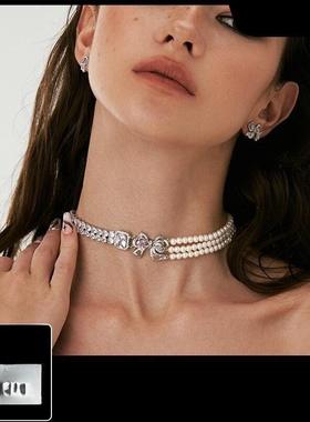 23年新款设计小众复古简约高级感蝴蝶结珍珠锆石拼接choker