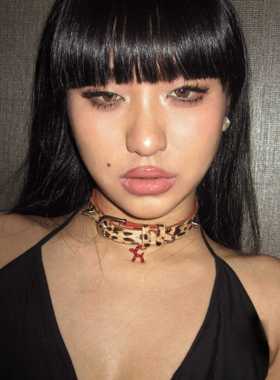 Y2K豹纹马毛红色气球小狗项圈可调节百搭choker原创设计