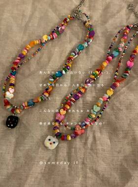 童趣卡通y2k千禧辣妹彩色串珠项链女高级设计感小众锁骨链T恤颈链