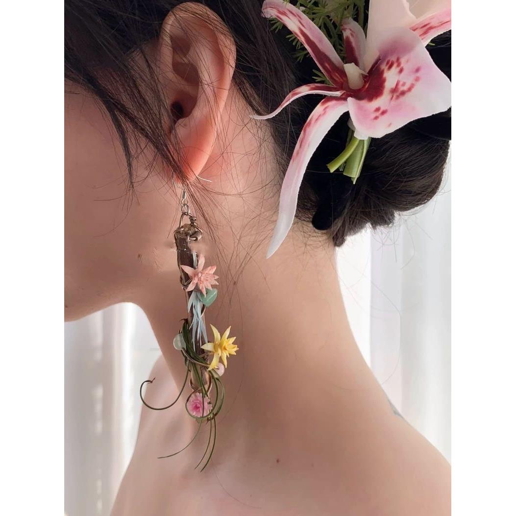 手作小众设计仿真永生花森系流苏天然木质耳环