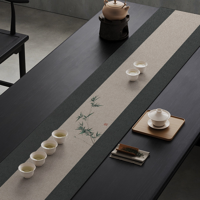 新中式禅意桌旗布艺茶席硅藻泥轻奢高端茶桌垫布茶台茶垫长条茶旗