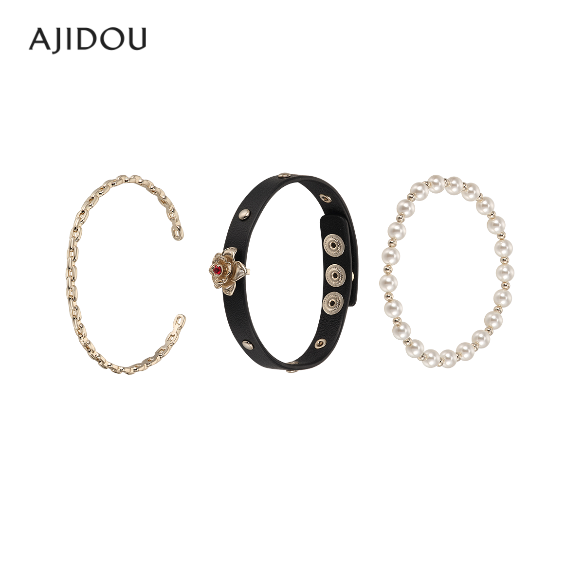 阿吉豆AJIDOU夜莺与玫瑰系列优雅女款叠戴手镯手环牛皮革饰品配饰