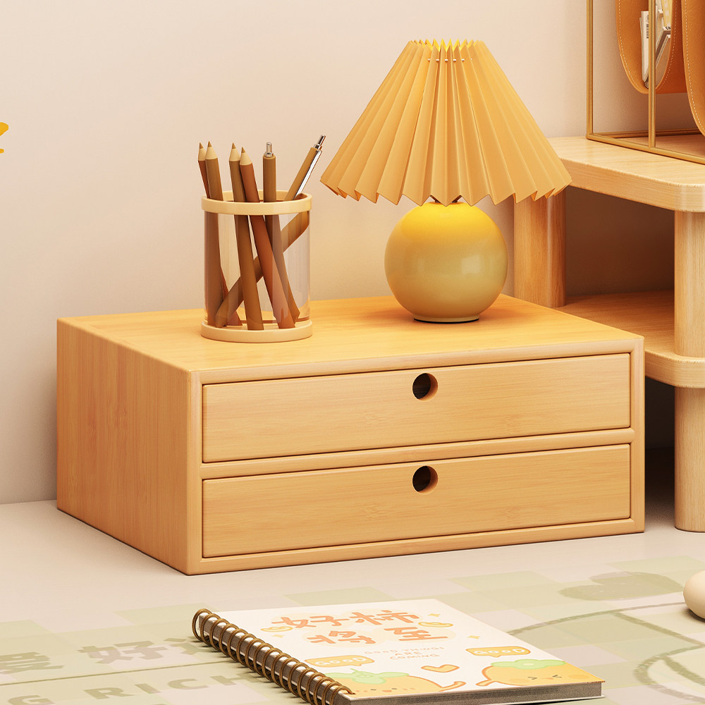 桌面抽屉式三层收纳小号储物柜楠竹多层化妆品杂物盒显示屏增高架