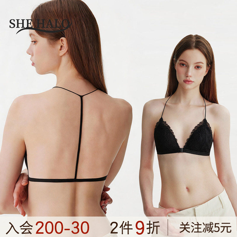 前扣蕾丝y型美背内衣挂脖细肩带法式性感深v三角杯小胸不空夏薄款