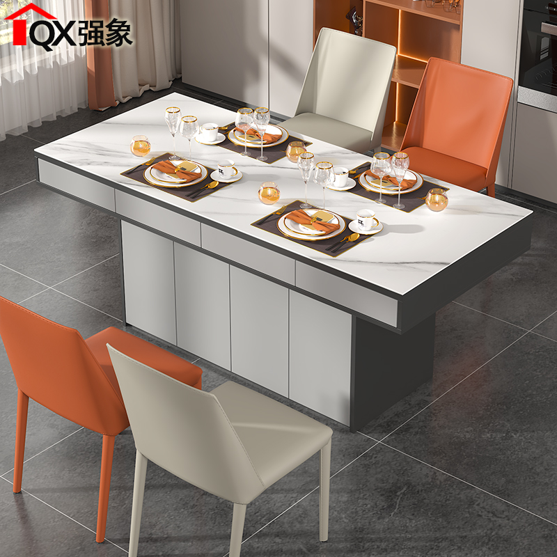 轻奢岩板中岛台餐桌一体现代简约多功能储物M饭桌柜家用小户型E28
