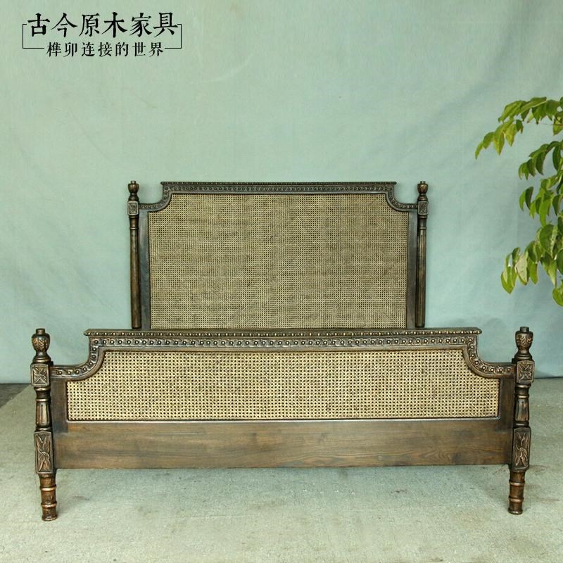东南亚风格复古美式实木藤编床BD1B02-2高端侘寂风1米5高尾双人床