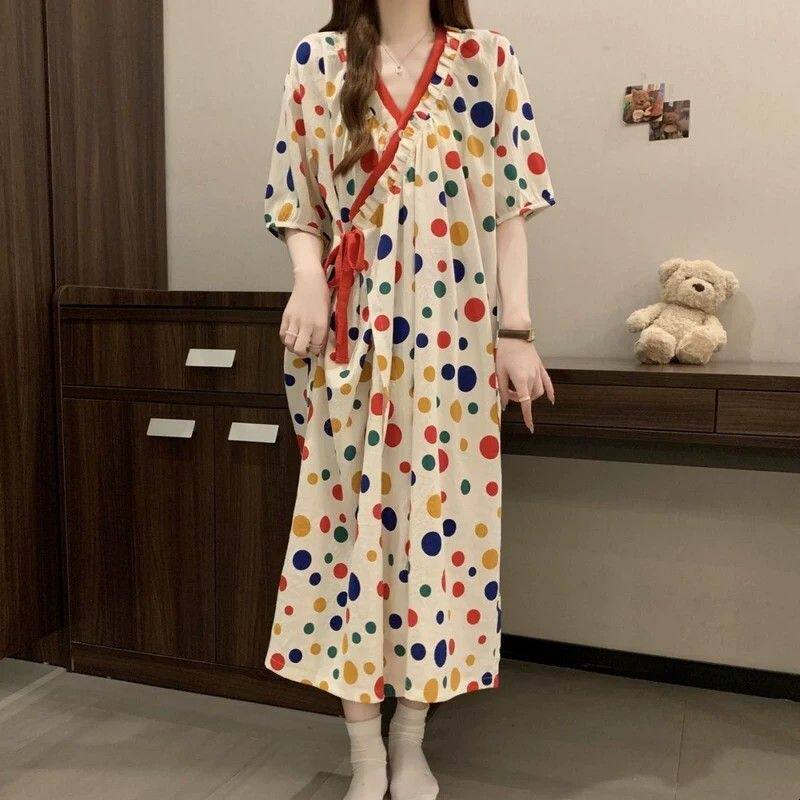 夏季云朵棉和服睡裙女加肥大码胖MM200斤甜美薄款睡衣中长款浴袍