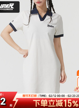 MLB白色连衣裙女装25夏季新款翻领V领短袖连衣短裙时尚休闲运动裙
