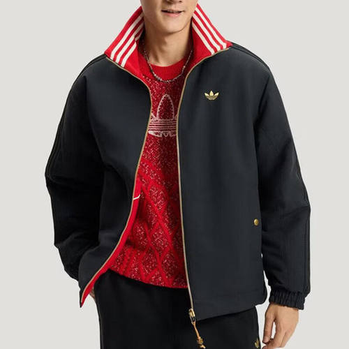 阿迪达斯新年款三叶草外套男装LNY黑红色双面穿保暖棉服棉袄夹克