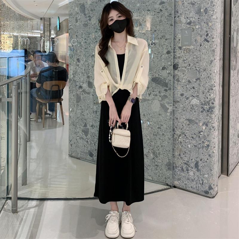 小个子时尚套装裙女士夏装新款长袖防晒衬衫吊带连衣裙休闲两件套