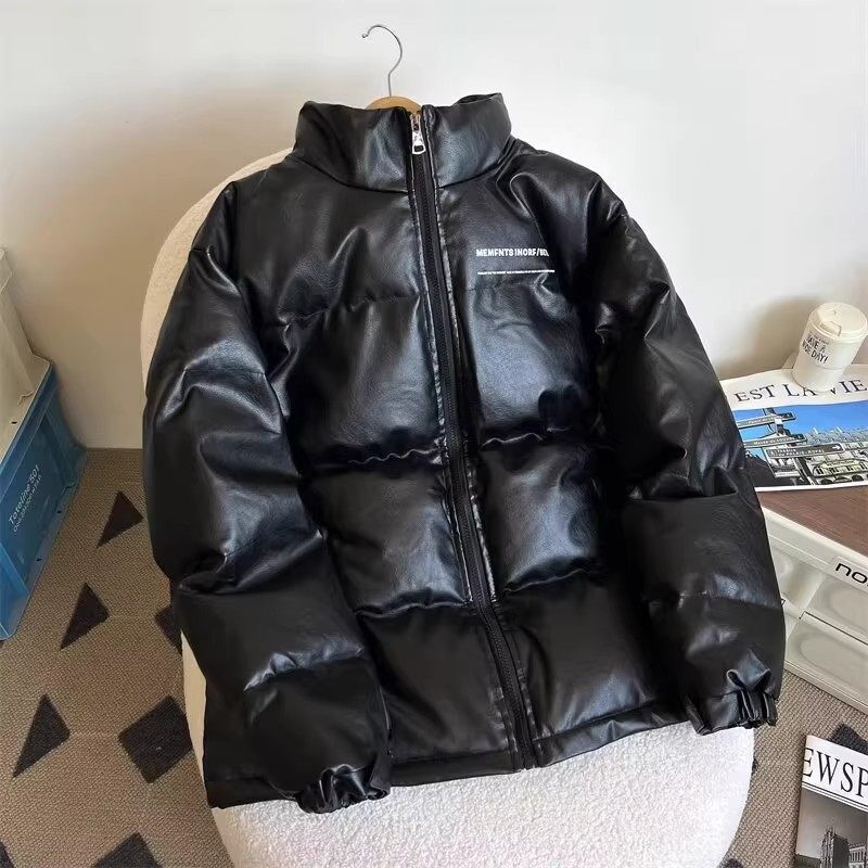 PU皮棉衣冬季羽绒服男士宽松立领加厚港风青少年情侣潮牌棉服