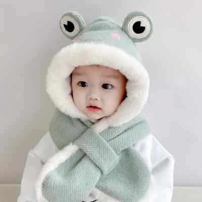 宝宝帽子围巾一体冬季韩版女童小青蛙超萌套头帽男童时尚护耳帽潮